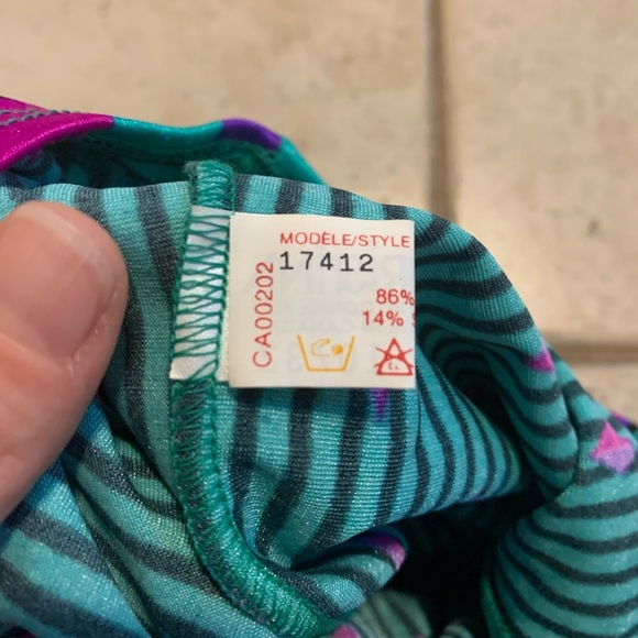 Vintage 80s 90s Teal Purple Magenta Stripe Strapless High Cut Swimsuit Small - Picture 3 of 6